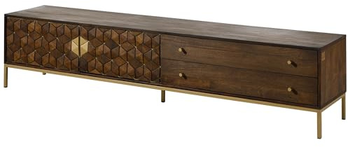MASSIVMOEBEL24.DE | Diamond TV-Board im Art déco Stil aus Massivholz #223 Mangoholz - braun geölt 220x45x50 cm 3 Fächer, 1 Türe, 2 Schubladen TV Schrank schmal