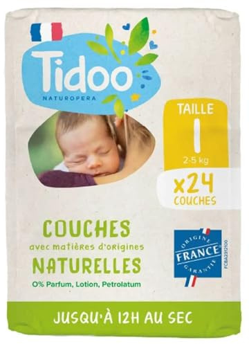 TIDOO - Pannolini ecologici, misura 1 (2-5 kg) - Origine naturale, senza sostanze nocive - 12 ore asciutte, ultra assorbenti - Made in France - Confezione nascita di 24 strati