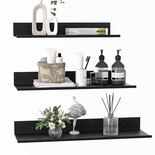 Wisfame Wandregal Metall 3er Set, Schweberegal Schwarz Ohne Bohren, Badezimmer Regal Duschablage Wasserdicht, Modern Wandboard für Dekos Regalbrett für Wohnzimmer, Küche, Arbeitszimmer