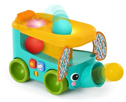 Bright Starts Pop & Roll Safari buss, bollleksak, elefanter popper och kastare, baby krypleksak, unisex, ålder 6 månader