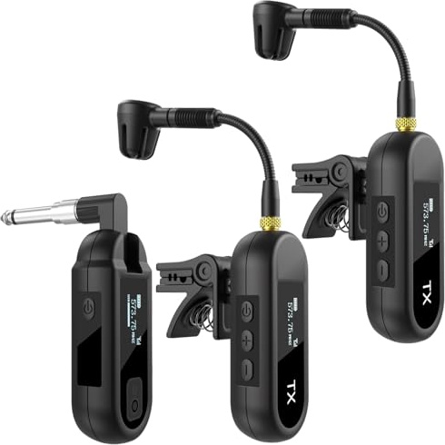 EBJ Sistema de micrófono inalámbrico UHF para saxofón, micrófono de instrumento de clip, saxofón y trompeta, ecualizador preestablecido y nivel de eco de transmisión de 100 pies, carga completa se