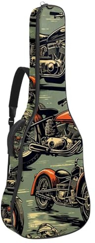 Gitarrentasche, 104 cm, doppelter verstellbarer Schultergurt, Akustikgitarre, Gigbag, Vintage, bunt, Motorrad, 65 Gitarrenkoffer, wasserdicht, Oxford-Stoff, dicker Schwamm, Buntes Vintage-Motorrad,