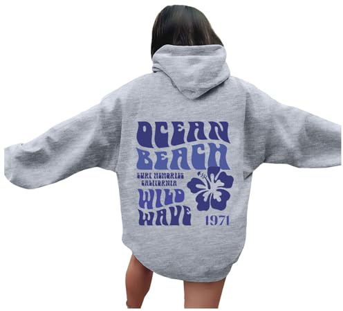 sweat a capuche femme motif fleurs casual hoodie à Manches Longues avec poches thermal sweatshirts oversize imprimé lettres amusant pull automne hiver chaud quotidien ideal veste (Light Gray, S)
