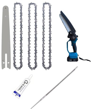 Catena e Barra per Motosega 8 pollici per Mini Moto Sega a batteria Portatile Elettrica Senza Fili Ricambio 3 Catene + 1 Tubetto di Grasso Lubrificante + Lima Affilacatene