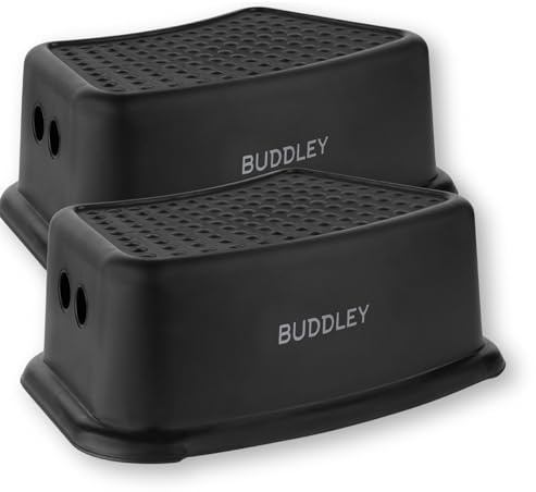 BUDDLEY Tritthocker Set 2X - Kindertritt - Badezimmer - Küche - Antirutsch - Kunststoff - Schwarz - Belastbar 80 kg