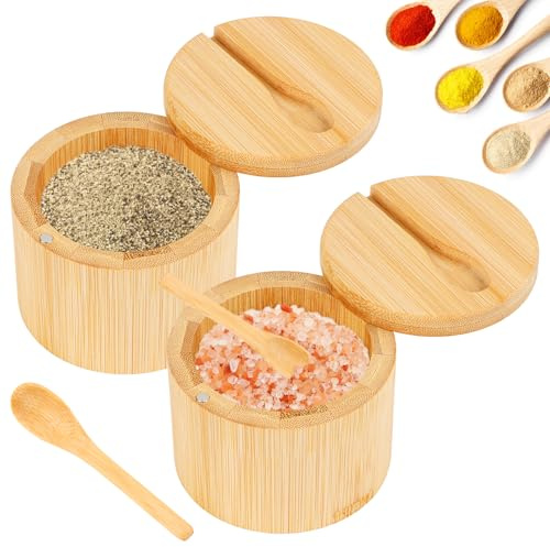 Wvu & Wvo 2 piezas recipientes de sal de bambú, 6oz contenedores de sal con tapa giratoria magnética y cuchara, frasco de especias de madera para almacenamiento en cocina de sal, pimienta, hierbas