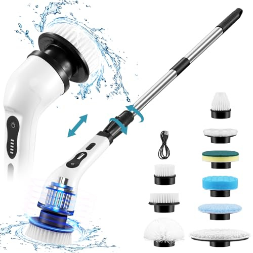 Electric Spin Scrubber,300/450RPM Dual Speed Cordless Cleaning Brush with 9 Heads,Extendable Long Handle Bathroom Cleaning Brush,Power Scrubber for Bathroom Kitchen Floor Tile Car