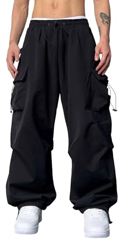 Fallschirmhosen Herren Baggy Cargohose mit Taschen Track Pants Casual Cargo Hose Y2K Hip-Hop Sweathose Lange Sporthose Harajuku Hohe Taille 90er Jahre Lose Jogginghose Outdoorhose Streetwear