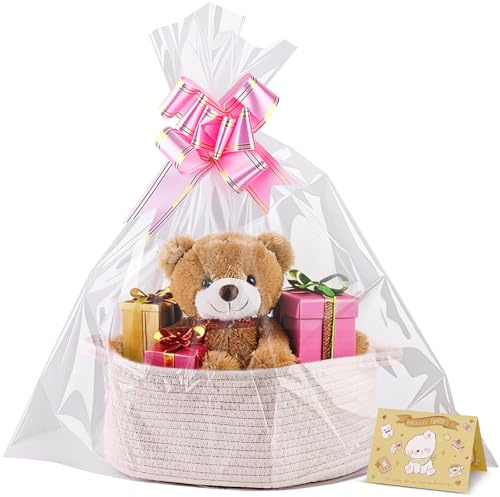 Geschenkkorb Leer 30 x 20 x 12cm,Geflochten Korb mit Geschenktüten und Bändern,Präsentkorb Leer für Ostern,Geburtstag, Hochzeit,Erntedank, Weihnachten (Weiß)