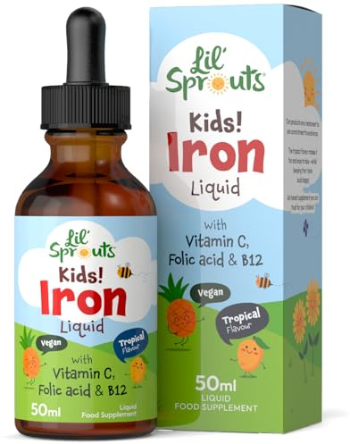 Iron Drops for Kids | 50mL | with Vitamin C, B12, and Folic Acid | Tropical Flavoured Liquid Food Supplement | 10mg of Iron Per Serving | Vegan | by Lil' Sprouts