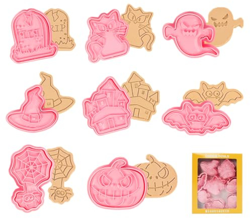 Ausstechformen Halloween, 8 Stück Set Ausstecher aus Kunststoff - Kürbis, Fledermaus, Spinne, Grabstein, Schloss, Geist, Hexenhut, Katze, Platzchenformen Keksausstecher Plastik