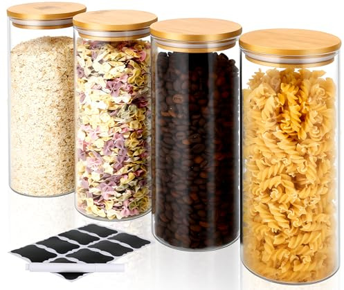 FoiiLiio Vorratsdosen Glas mit Holzdeckel 4er Set 950ML Φ8.0x20.0cm Vorratsgläser mit Deckel Rund Aufbewahrungsgläser Küche, Glasbehälter Luftdicht Set Vorratsbehälter Glas für Gewürze, Nuss