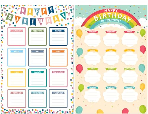 LAIBOREC Birthday Chart Poster for Classroom - 2PCS Reusable Laminated Boho Confetti Happy Birthday Calendar Bulletin Board Decor, Back to School Teacher Supplies, Chalkboard Wall Decor