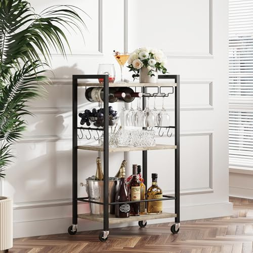 TUTOTAK Drinks Trolley, Bar Cart with 3-Tier Shelf, Serving Trolley with Wine Rack, Glass Holder, Rolling bar cart for The Home, Living Room, Greige BC01BG035EU