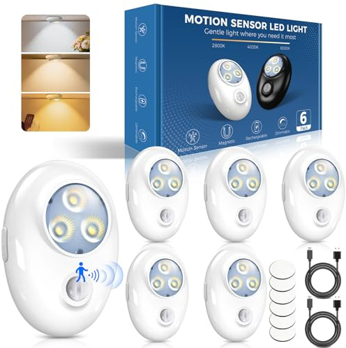 Motion Sensor LED Lights Indoor 6 Pack, Rechargeable Wireless Cabinet Lights, Magnetic Stick On Under Cupboard Lighting, Dimmable 3 Colour Temperatures, Night Light for Kitchen Stairs Closet Hallway
