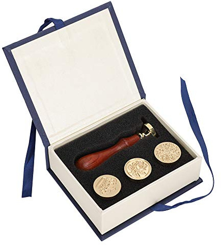 OEBUAFI Juego de Sellos de Cera con 3 Cabezales de Latón Intercambiables, de Palisandro con Acabado Pulido para Invitaciones de Boda, Diplomas, Certificados y Regalos Personalizados,