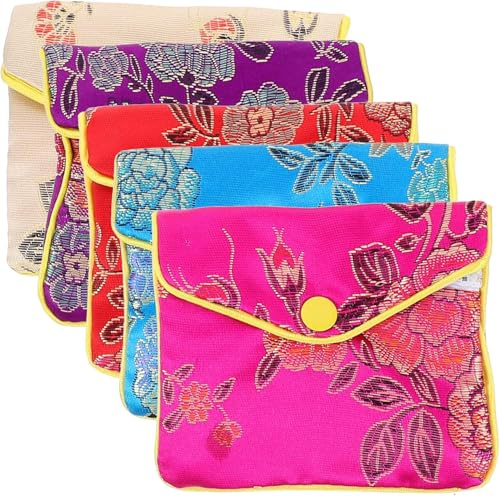 GZLANYA 5 Pcs Chinese Silk Jewellery Pouches with Zipper, 8 x 7cm