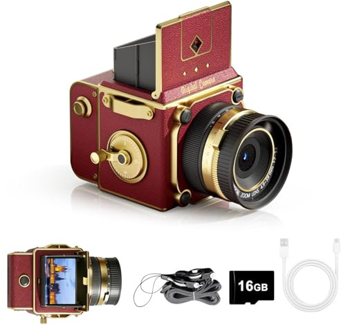 EJXHKNF Vintage Digital Camera, 64MP 2.7K Retro Point and Shoot Camera with Autofocus, 2 IPS Waist-Level Screen & 16GB TF Card, 16X Zoom Compact Photography Camera for Beginners Kids Red