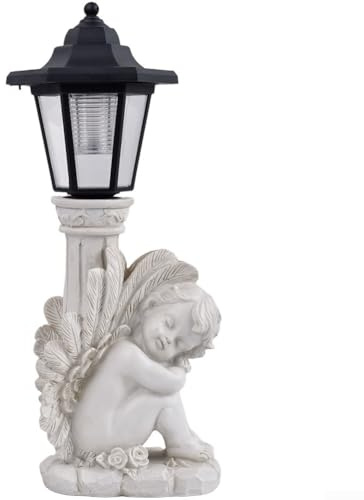 Colonna rustica a energia solare a forma di angelo su pietra, decorazione da giardino, in resina, per cortile, prato e illuminazione per spazi abitativi esterni (angelo destro del ginocchio)