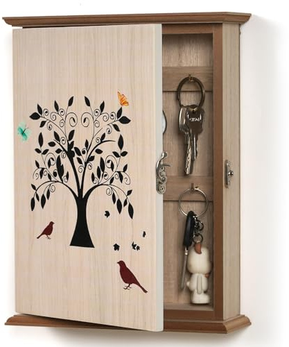JAZUIHA Holz Schlüsselkasten 6 Haken, Vintage Lebensbaum-Motiv, Wandmontage | Schlüsselbox zum Aufhängen, Schlüsselschrank Klein Landhausstil für Wohnung, Flur & Büro, Einzugsgeschenke 26 x 20 x 6 cm