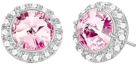 VYYU Diamond Earrings for Women - Silver Earrings with Round Faux Diamond Halo Ear Studs, Diamante Rhinestone Dance Competition Jewelry for Bridesmaids Wedding Birthday Christmas Xmas, Pink cz