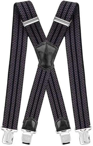 Decalen Mens Braces with Very Strong Metal Clips Wide 4 cm 1.5 inch Heavy Duty Suspenders One Size Fits All Men and Women Adjustable and Elastic X Form (Grey Black)