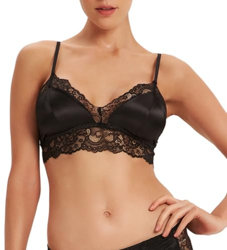SilRiver Soutien-Gorge d'été en Satin Soyeux sans Fil avec Coussinets Amovibles pour Femme, Noir, L