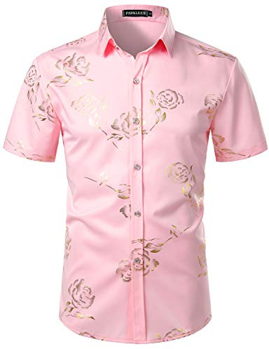PARKLEES Camicia da uomo Hipster con stampa in oro e rosa, aderente, a maniche corte con bottoni, Oro rosa, XL