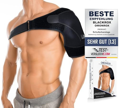 BLACKROX Schulterbandage [Vergleichssieger 2024] ONE SIZE | Für Damen & Herren | Schulterstütze | Perfekt für Sport, Kraftsport & Bodybuilding | OMONROX | Schwarz