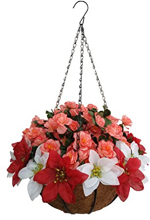 Haus Und Hof Urlaub Hübsch DIY Seide Rot Weiß Weihnachtsblume Künstliche Weihnachtsstern Und Künstliche Champagner Azaleen Blumenkette Hängekorb Weihnachtsdekoration (Small Basket)