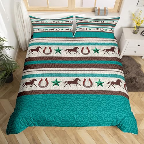 Western Horseshoe Bedding Set Full Size Kids Retro Cowboy Style Comforter Cover Set for Women Men Farmhouse Wild West Duvet Cover Breathable Teal Beige Brown Bedspread Cover Room Decor Quilt Cover