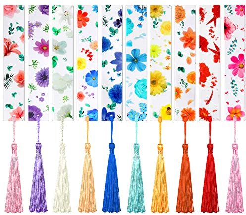 10Pcs Flower Resin Bookmark Transparent Floral Bookmarks for Women Cute Bookmarks Flower Page Marker with Tassels, Gifts for Book Lovers, Women, Kids