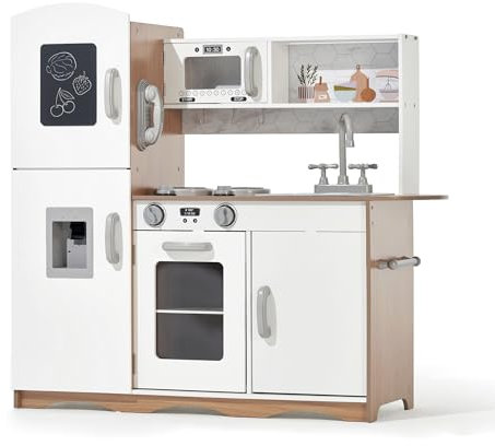 Kidoz Signature Kids Wooden Kitchen, Large Pretend Role Play Kitchen With Realistic Oven, Microwave and Sink With Taps, Kitchen Playset With Sounds And Lights For Kids (White Kitchen Only)