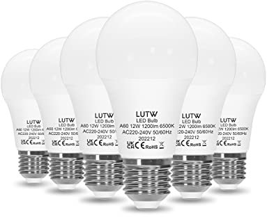 LUTW Ampoule LED E27 Blanc Froid 6500K, 12W Equivalent 100W, Ampoules LED A60 Culot Edison à Vis, 1200lm, Économie d'Énergie à Angle de Faisceau 220 °, Non Dimmable, Plastique, Lot de 6