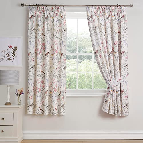 Dreams & Drapes Pink Floral Bird Curtains – W168 x L183cm – 2 Panels – Pencil Pleat – Botanical Garden Print Drapes – Bedroom Window Curtains