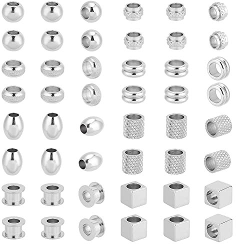 UNICRAFTALE 48 Stück 8 Stile Europäische Edelstahlperlen große Lochperlen Rondelle Würfel Säule Fassspacer Perlen große Lochperlen lose Perlen DIY Armband