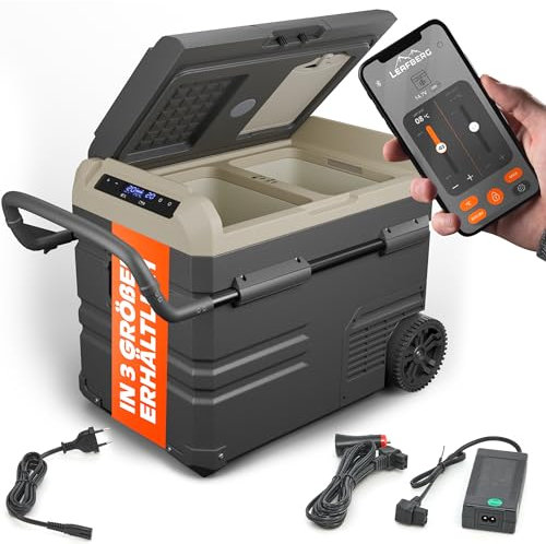 LEAFBERG Kompressor Kühlbox 35L 12/24V & 100-240V mit 2 Zonen bis -20°C elektrische Auto Kühlbox mit Griff für LKW KFZ Camping | sehr leise | LED Touch Display | Energiesparend