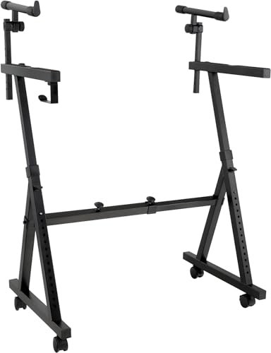 Classic Cantabile KSD-400Pro MK II Keyboardständer Pro Set - Verstellbarer Keyboardständer mit 2 Ebenen - 4 Rollen und Kopfhörerhalter - Belastbar bis 100 - Breite und Höhen verstellbar - Schwarz