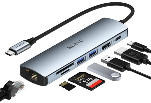 USB C Hub HDMI Ethernet, KOZYC 7 IN 1 USB-C to HDMI mit 4K 60Hz, 1Gbps Ethernet, 100W PD Charging, 2 USB 3.0 Data, SD/TF Card Slots Port, für Laptop, MacBook Pro, iPad, UHDTV, Steam Deck