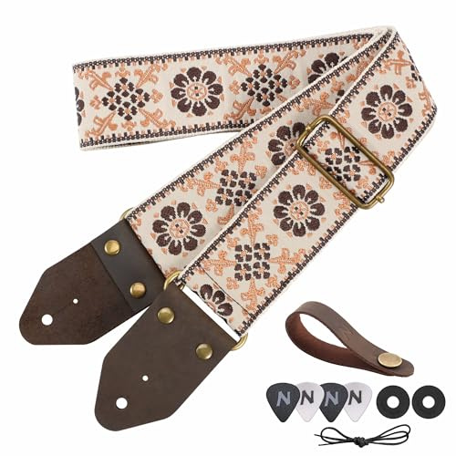 Nefelibata Gitarrengurt, Jacquard-Stickerei Baumwolle Gitarrengurte mit Crazy Horse Leder Enden für Bass, elektrische & akustische, Geschenke für Kinder, Gitarristen