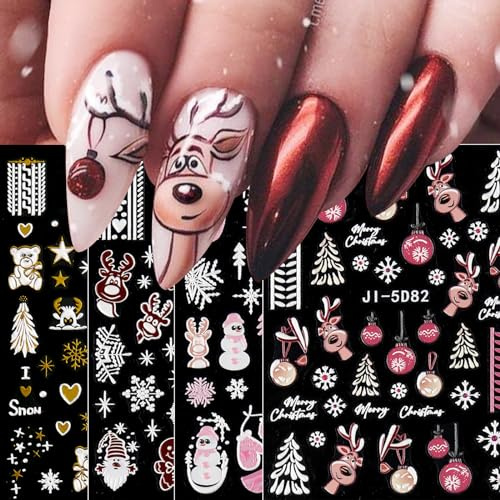 jmeowio 3D Nagelsticker Weihnachten Nail Art Sticker Selbstklebend Nagelaufkleber 5D Stereoskopisch Schneeflocken Winterurlaub Niedlich Dekoration Nageldesign Zubehör 4 Blatt