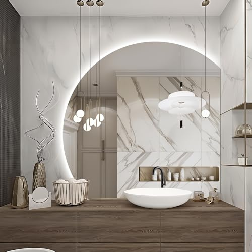 Niccy 36 LED Bathroom Mirror with Lights, Half Moon Led Mirrors, Irregular Backlit Mirrors for Entryway, Anti-Fog, Dimmable, Makeup Mirror, Explosion Proof, Round Lighted Vanity Mirrors, White Light