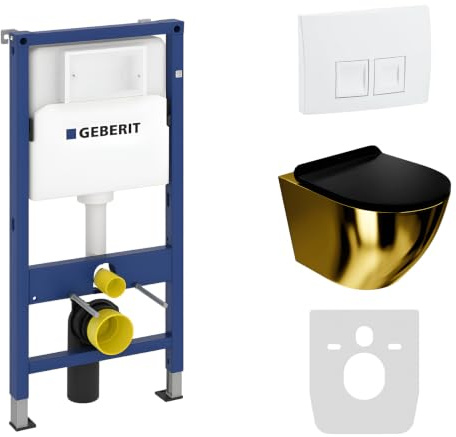 Lavita Duofix Basic Vorwandelement + Wand Tiefspül WC Sofi Slim Gold/Schwarz Spülrandlos + WC Sitz + Bedienplatte Delta 25 Weißer Knopf Komplettset Unterputz Spülkasten Toilette Komplett Sett WC