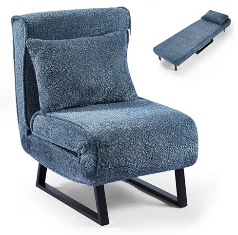 Makika Sovfåtölj, bäddsoffa, Boucle LEA 4-i-1, sängfunktion – justerbart ryggstöd – inkl. kudde – upp till 200 kg – fällfåtölj, relaxfåtölj, bäddsäng, gästsäng, vardagsrum, blå