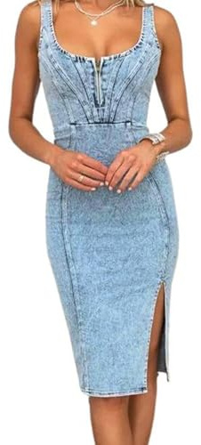 TKMUNY Abito Midi in Denim da Donna, Senza Maniche, con Spacco Laterale, Bodycon, con Scollo a Scolletto, Blu, XL