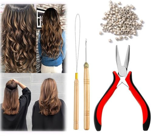 ZEPIQOR extensiones pelo, Kit de Herramientas de Extensión de Cabello con 1 Cabello Alicates 1 Agujas Gancho 1 Anillo Agujay 500 Pcs Microanillos forrados de silicona Accesorios