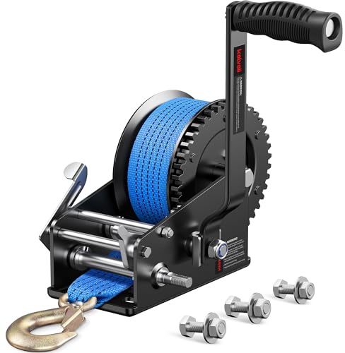 Kolvoii 3500 lbs Boat Trailer Winch with Strap, Heavy Duty Hand Winch, 2-Way Ratchet 4:1/8:1 Gear Ratio for Boat, Trailer, Marine and Jet Ski, 33FT Strap, Blue