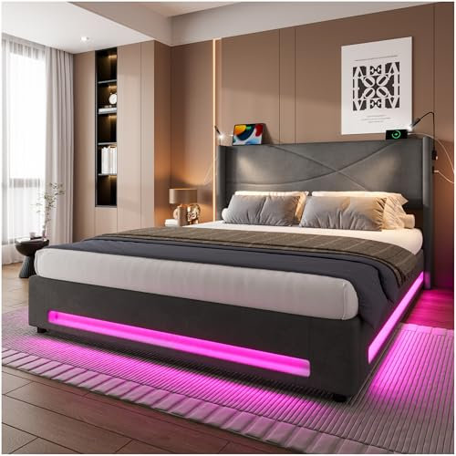 Seyakany Lit Coffre 160x200 avec 2 liseuses,Prises USB et LED, système hydraulique,très Grand Espace de Rangement en Bas,lit 2 Personne,Cadre de lit 160x200 avec sommier,Velours,Gris