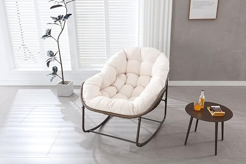 MURUL Übergroßer, eiformiger Schaukelstuhl aus Korbgeflecht für die Terrasse. EIN moderner Loungesessel EIN bequemer Schaukelstuhl für innen und außen mit dickem Kissen, geeignet für Balkon(Weiß)