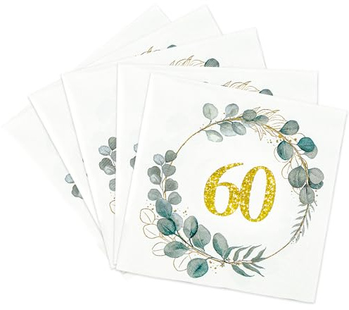 Servietten 60 Geburtstag, 32 Stück 60. Geburtstag Servietten Eukalyptus Grün Gold für Tischdeko Jubiläum Geburtstagsdeko 60 Frau Mann